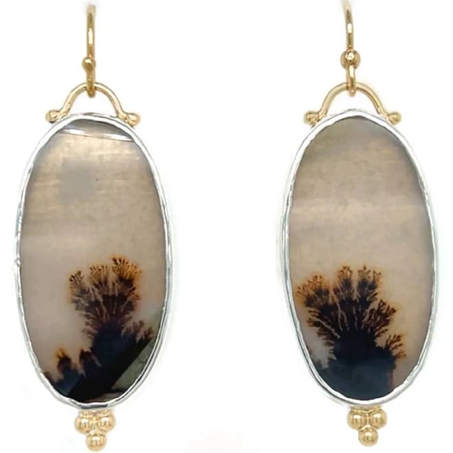 14K Gold and Sterling Silver Dendritic Agate Drop Earrings