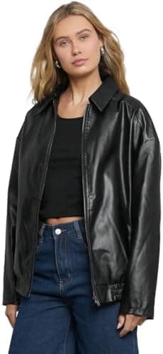 MOBTOR Women's Long Sleeve Jackets Short Coats Casual And Zippered Off-Shoulder PU Leather Jacket at Amazon Women's Coats Shop