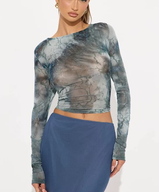 Fashion Nova Lace Up Tie Back Mesh Blouse
