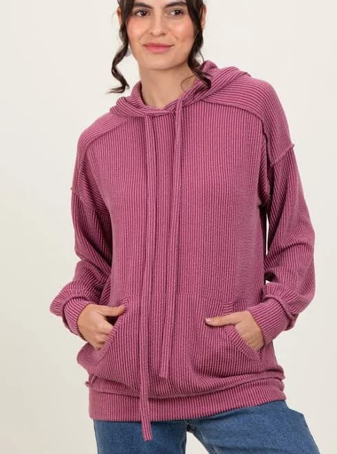 Mauve Ribbed Front Pocket Drawstring Hoodie