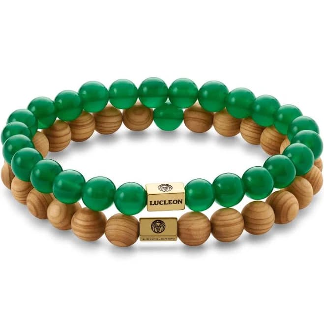Men's Beaded Green Jade & Wood Bracelet Set