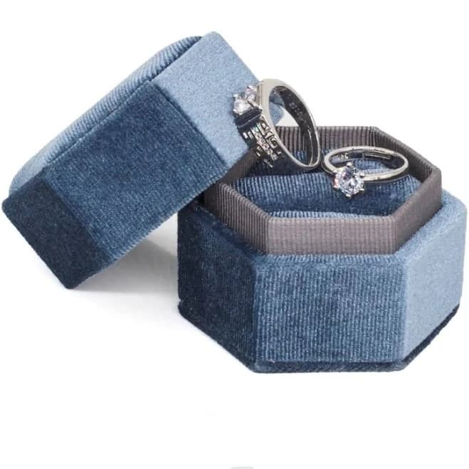Muchly Grey Blue Hexagonal Double Ring Holder Jewelry Storage Box