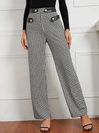 High Waist Houndstooth Fake Button Straight Leg Pants | SHEIN USA