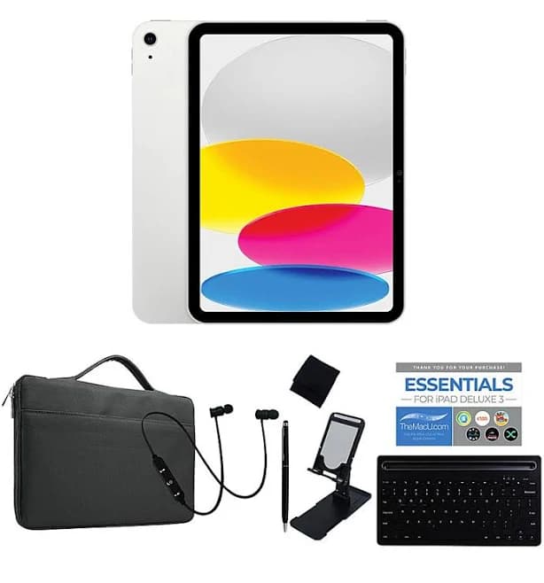 Apple iPad 10th Gen 10.9" 256GB Silver Bundle w/Earbuds & Keyboard - Black