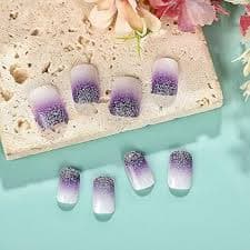 Amazon.com: Rilafuvu Square Press on Nails Short Fake Nails Purple Gradient Glue on Nail Glitter Acrylic Nails Glossy False Nails Press on Nails for Women and Girls 24Pcs : Beauty & Personal