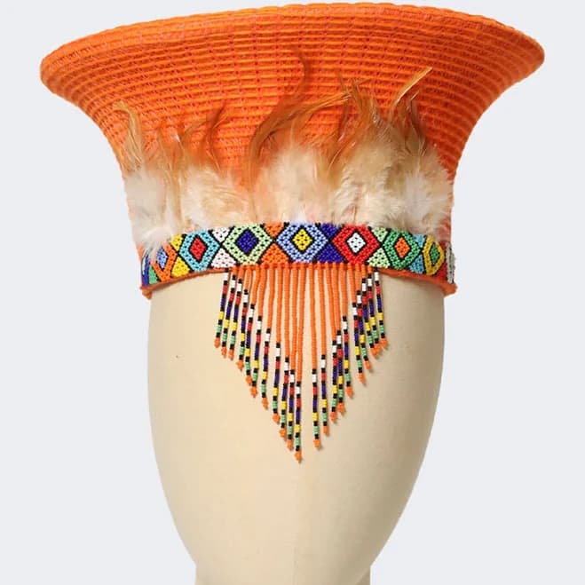 Zulu Basket Hat with Beading & Feathers