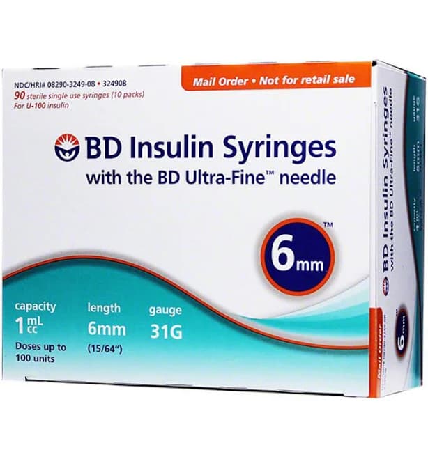 BD Veo with Ultra-Fine Needle U100 Syringes by Becton Dickinson 324908 | 31G (0.25mm) | 15/64in (6mm) | 1cc (1mL) | Mail Order Box | 90 Syringes