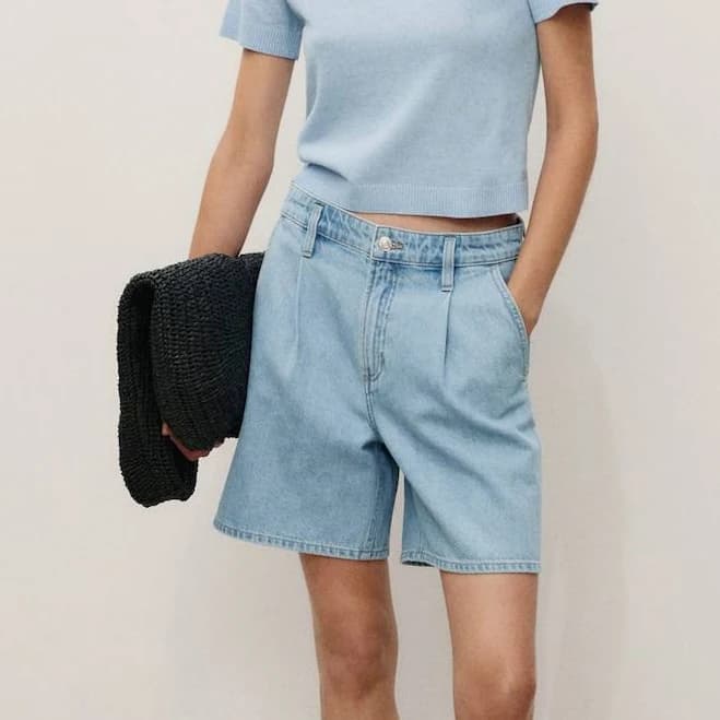 MANGO Women's Mid-Rise Pleated Denim Bermuda Shorts