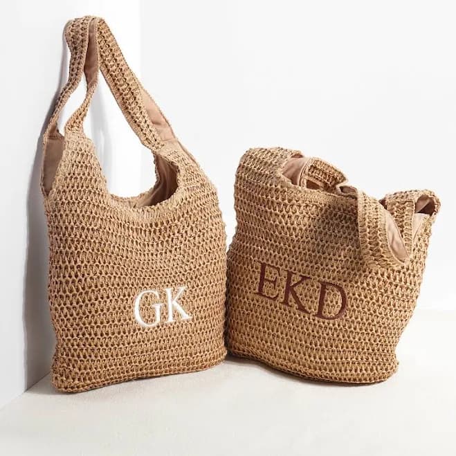 Personalized Embroidered Initial Raffia Tote Bag