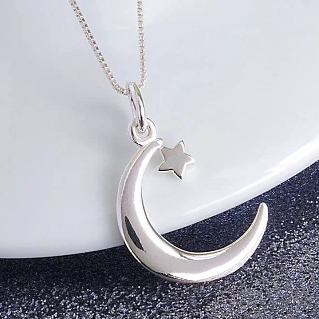 Sterling Silver Crescent Moon and Star Necklace
