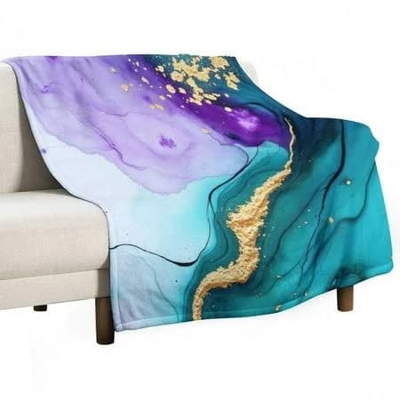 Golden Teal Purple Abstract Art Throws Blankets for Sofa Bed Winter Plush Warm Blanket Holiday Gifts, Size: 30 x 40