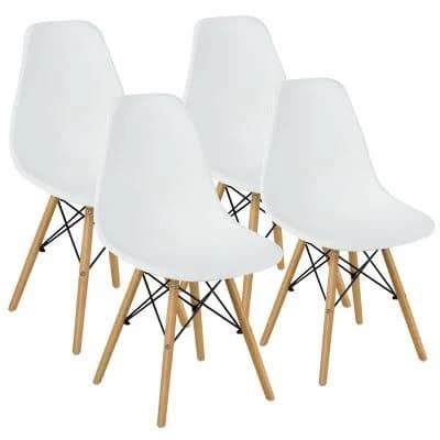 Dinning Chair Set of 4, Mid Century Modern Eiffel DSW Style Shell Molded Plastic Chair for Kitchen, Dining, Living Room, Bedroom, Lounge Side Chairs with Wood legs, White