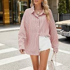 Kiluex Women Striped Button-Down Shirt Top Blouse Long Sleeve Lapel Casual T-Shirt Office Work Loose Fit Shirt (A-Pink, S) at Amazon Women's Clothing store