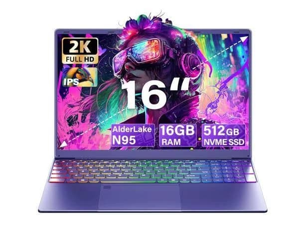 Svikou 16" Purple Laptop Computer - Alder Lake N95 Processor, 512GB NVMe SSD 12GB LPDDR5 RAM, 2K FHD IPS Display, Color Backlit Keyboard, Fingerprint,
