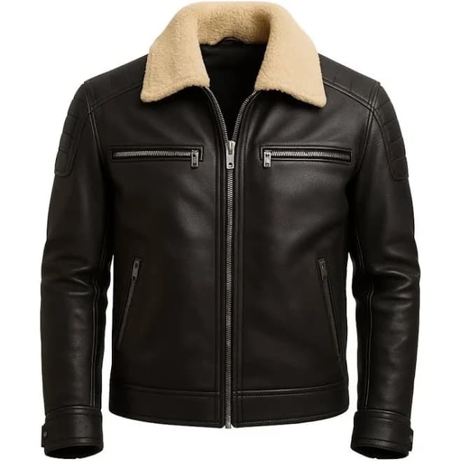 Men's Real Leather Shearling Collar Biker Jacket