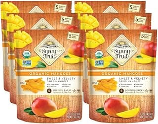 Sunny Fruit Soft Organic Dried Mangoes - 6 Bags (30 Individual Portion Packs) | No Preservatives, Sulfides or Sugar Added | Healthy, Convenient Dried Fruit Snack Packs | NON-GMO, VEGAN, HALAL, KOSHER
