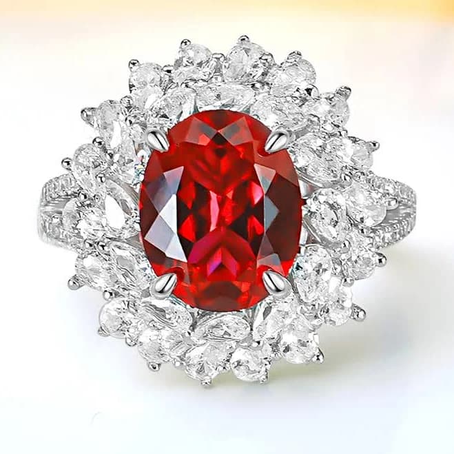 3.5Ct Oval Cut Red Gemstone Floral Halo Ring