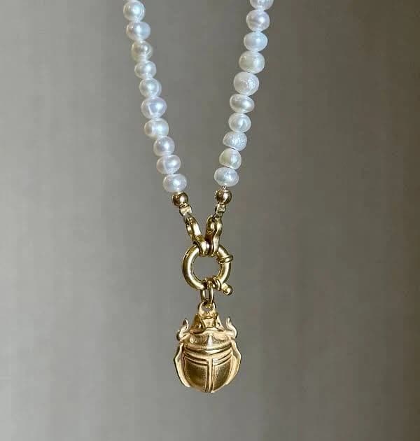 Gold Vermeil Scarab Pendant Necklace with Freshwater Pearls