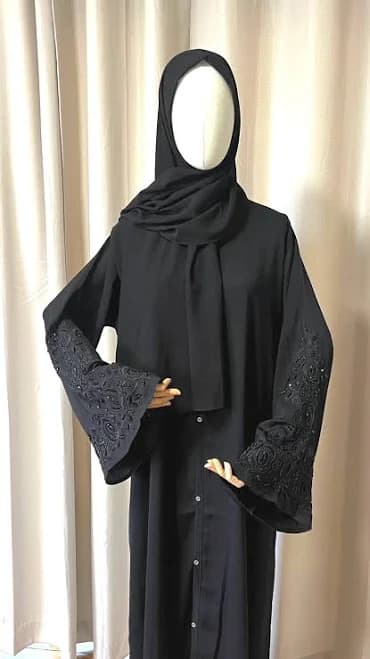 Embroidered Beaded Sleeve Open Abaya with Hijab
