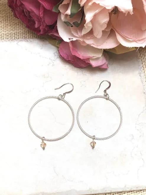 Sterling Silver Minimalist Hoop Earrings with Swarovski Crystal Dangle
