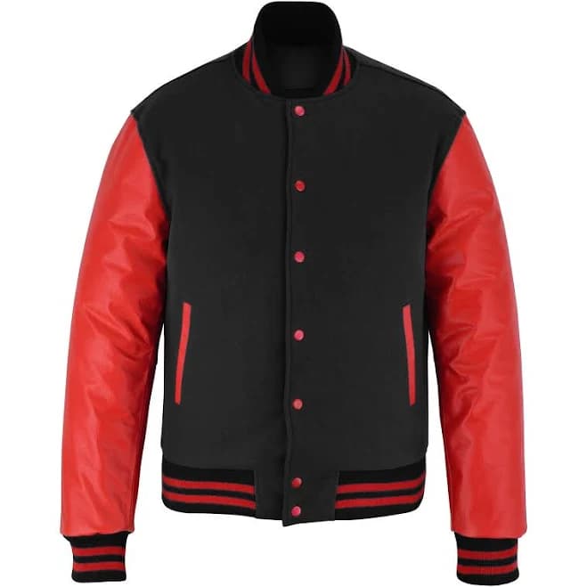 Classic Varsity Letterman Jacket Black Wool with Red Sleeves and trims