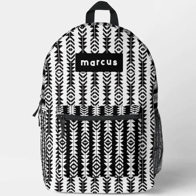 Tribal Geometric Black and White Name printed Backpack