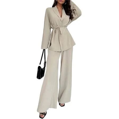 Women's Casual Lounge Two Piece Outfits Long Sleeve V Neck Wrap Tie Waist Shirt Wide Leg Pants Sets Color XL, Beige