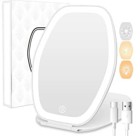 Travel Makeup Mirror with Light: 3 Color Lighting Portable Mirror with Touch Screen Rechargeable Adjustable LED Lights Hexagon Vanity Mirror for