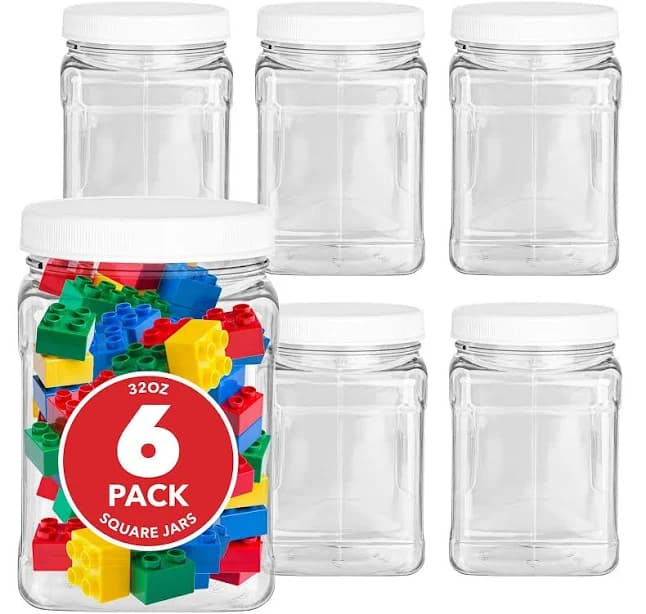 Stock Your Home 32 oz Square Plastic Storage Jars with Lids (6 Pack)