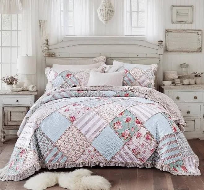 Dada Bedding Hint of Mint Floral Pastel Cotton Patchwork Ruffle Bedspread Set