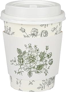 50Pcs Sage Green Floral Disposable Coffee Cups with Lids and Sleeves Green White Chinoiserie Flower 8oz Hot Cold Paper Drinking Cup for Birthday Wedding Baby Shower Party Supplies