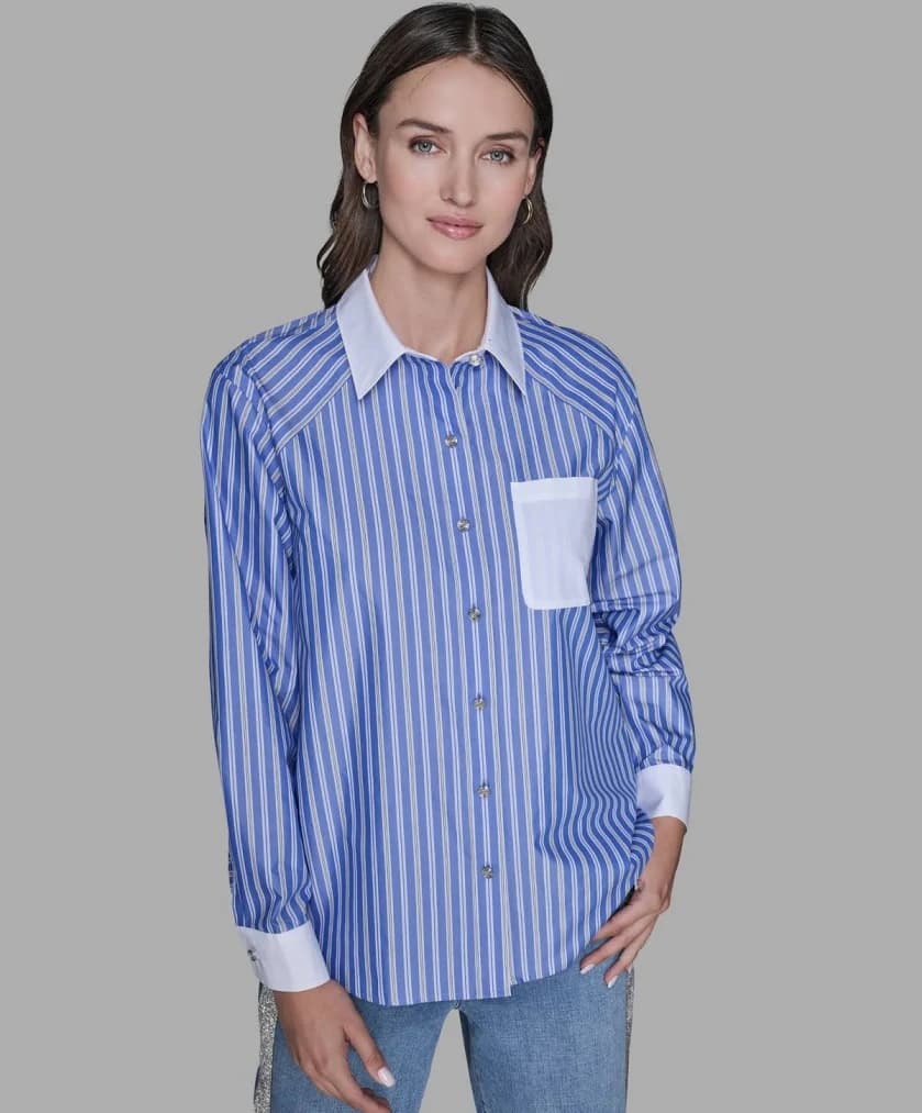 KARL LAGERFELD PARIS Women's Striped Long Sleeve Button Down Shirt