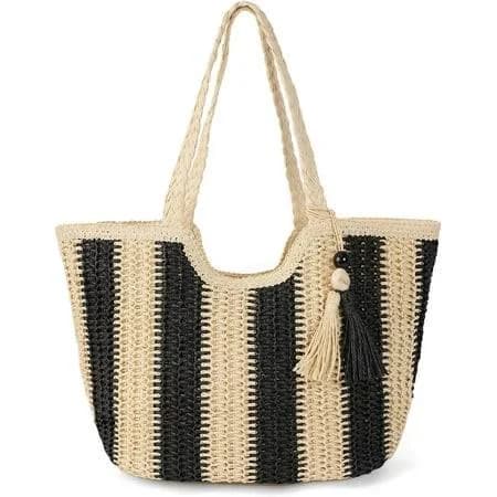 Women's Tassel Straw Beach Bag with Pom