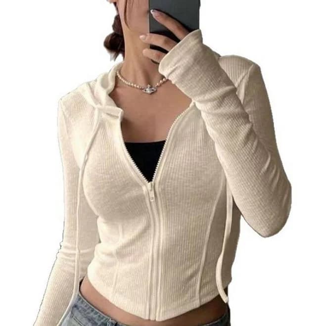Women's Ribbed Knit Long Sleeve Zip-Up Crop Hoodie