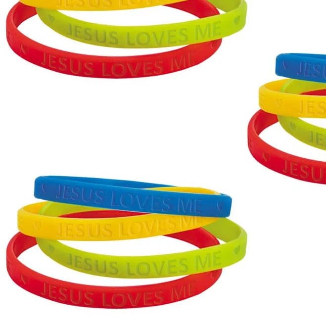 Fun Express Jesus Loves Me Thin Band Rubber Bracelets (48 Pieces)