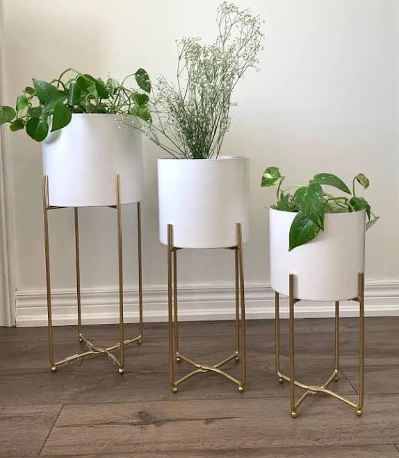 Modern White Metal Planter Pots on Gold Stands - Set of 3