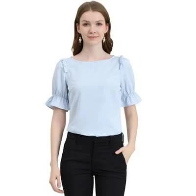 INSPIRE CHIC Women's Round Neck Puff Short Sleeves Solid Color Blouses