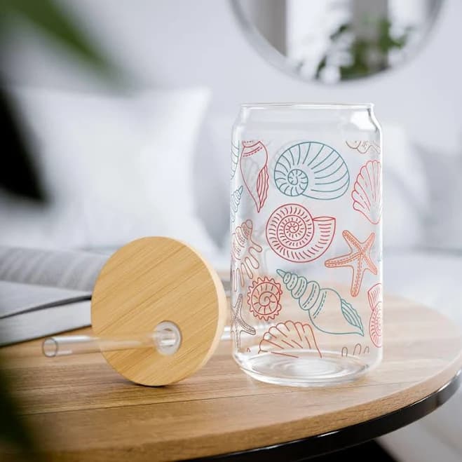 Seashells Sipper Glass Can, Ocean Iced Coffee Cup, Coastal Beach Glass Tumbler, Summer Drinkware 16oz with Lid and Straw Ocean Lover Gift