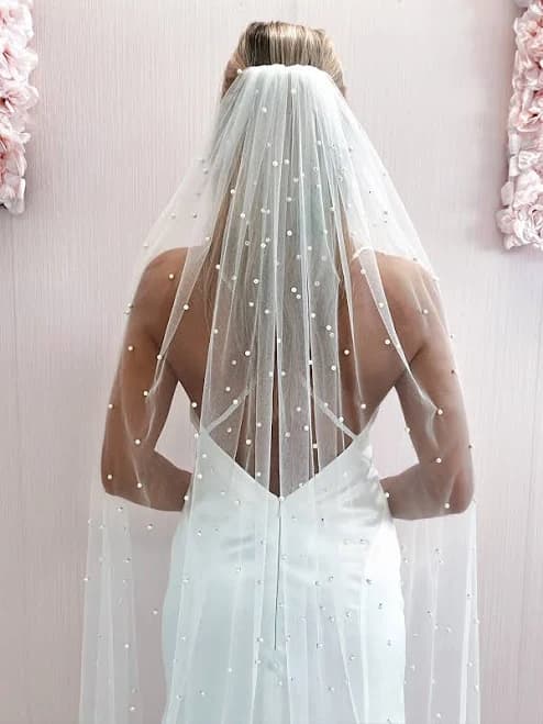 Cathedral Length Tulle Bridal Veil with Pearls