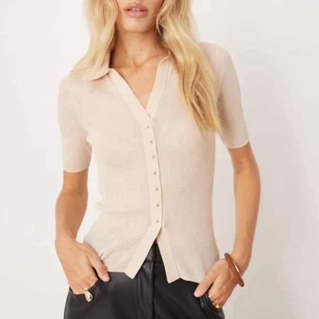 Mango Mango v neck knitted short sleeve polo top in beige - BEIGE - L - UK 12
