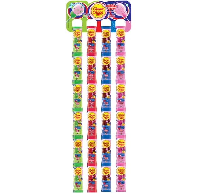 Chupa Chups Assorted Flavour, Gum-Filled Lollipop Display Hanger, 624 Gram (Count of 48+4 Free)
