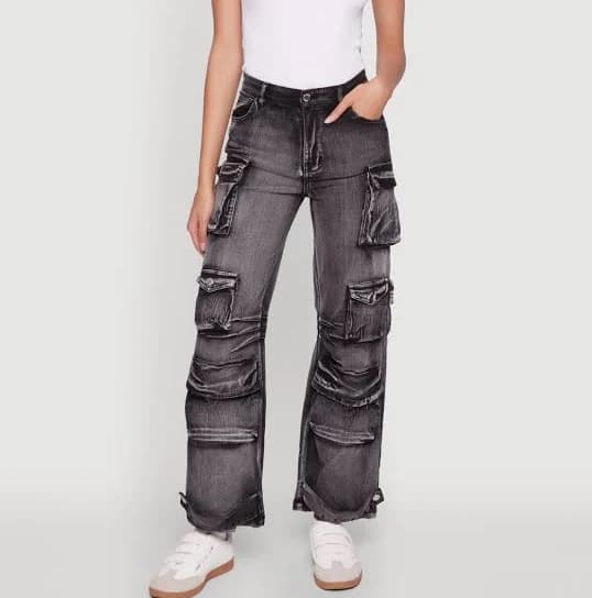 Daisy Acid Wash High Waisted Wide Leg Cargo Jeans