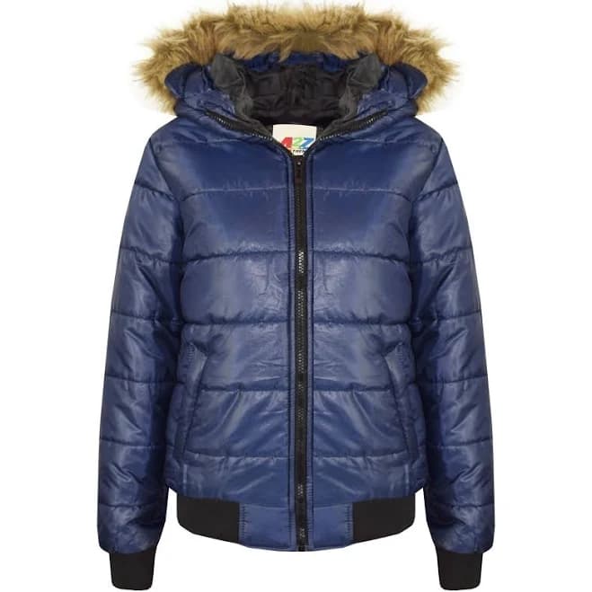 Kids Girls Jackets Navy Maya Faux Fur Hooded Padded Puffer Coats 5-13