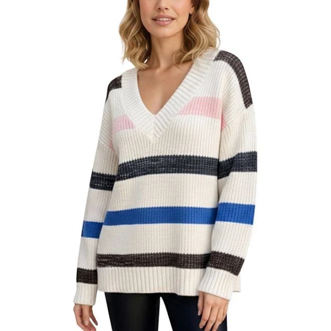Women's V-Neck Long Sleeve Ribbed Knit Sweater with Bold Multi-Color Horizontal Stripes