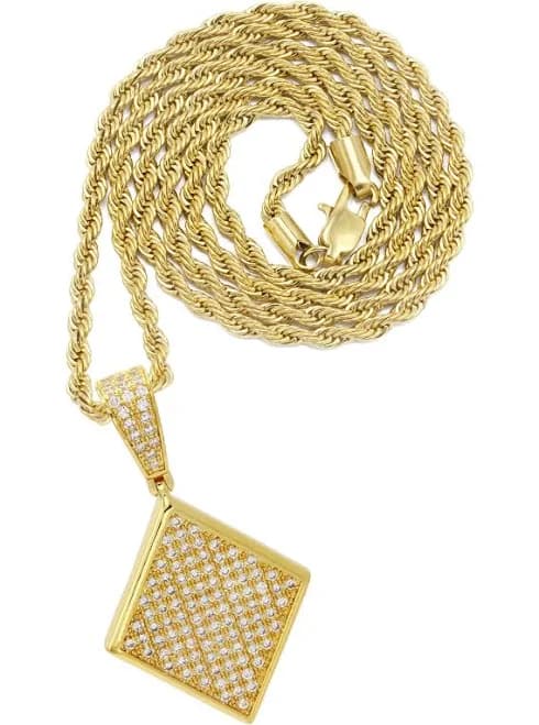 Men's Gold Plated Rope Chain with Iced Out Pendant