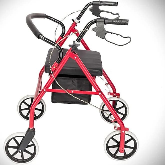 Red And Black Foldable Iron Walker With Wheels And Brakes