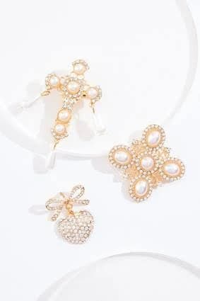 Pearl Rhinestone Trio Brooch Set