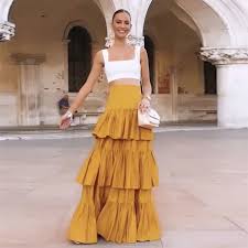 Yellow Tiered Long Skirt Satin A Line Lady Saias Girls Wedding Guest Party Gowns High Waist Floor Length Women Formal Wear - AliExpress