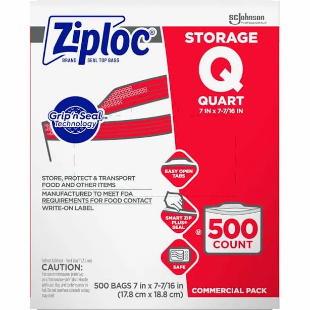 Ziploc Double Zipper Storage Bags 1 qt 1.75 Mil 7" x 7.75" Clear 500/