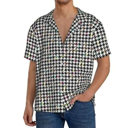 Men's Houndstooth Button-Up Shirt with Pocket